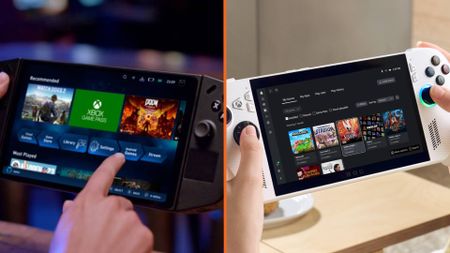 Hand interacting with Lenovo Legion Go handheld on left and hands holding white Asus ROG Xbox Ally on right with orange divider down middle