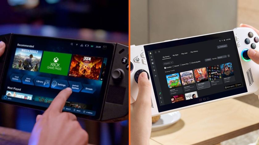 Hand interacting with Lenovo Legion Go handheld on left and hands holding white Asus ROG Xbox Ally on right with orange divider down middle