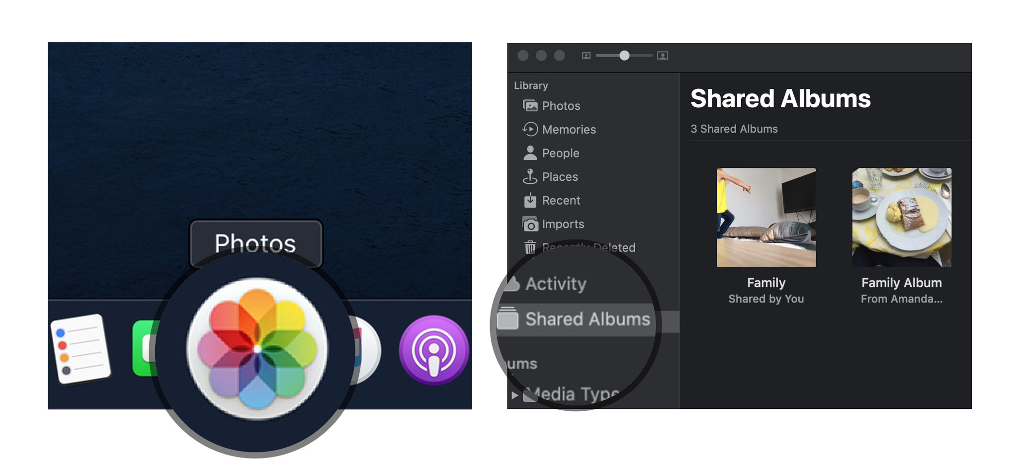 Add images and video to a Shared Photo Album on macOS by showing steps: Open Photos, choose album