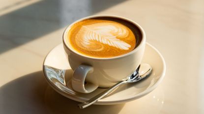 best cappuccino cups: a mug on a cream countertop with latte art