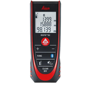 A laser distance meter in black and red stands against a white background. Its top reads "Leica" in handwritten, red characters.