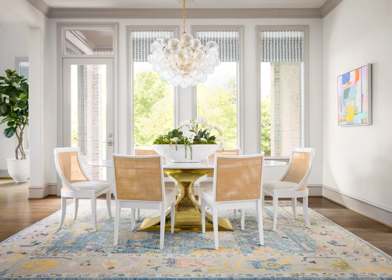 white and blue dining room