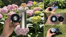 Shark ChillPill 3-in-1 Fan, Mist & InstaChill System being tested outside on the fan, mist, and chill plate settings