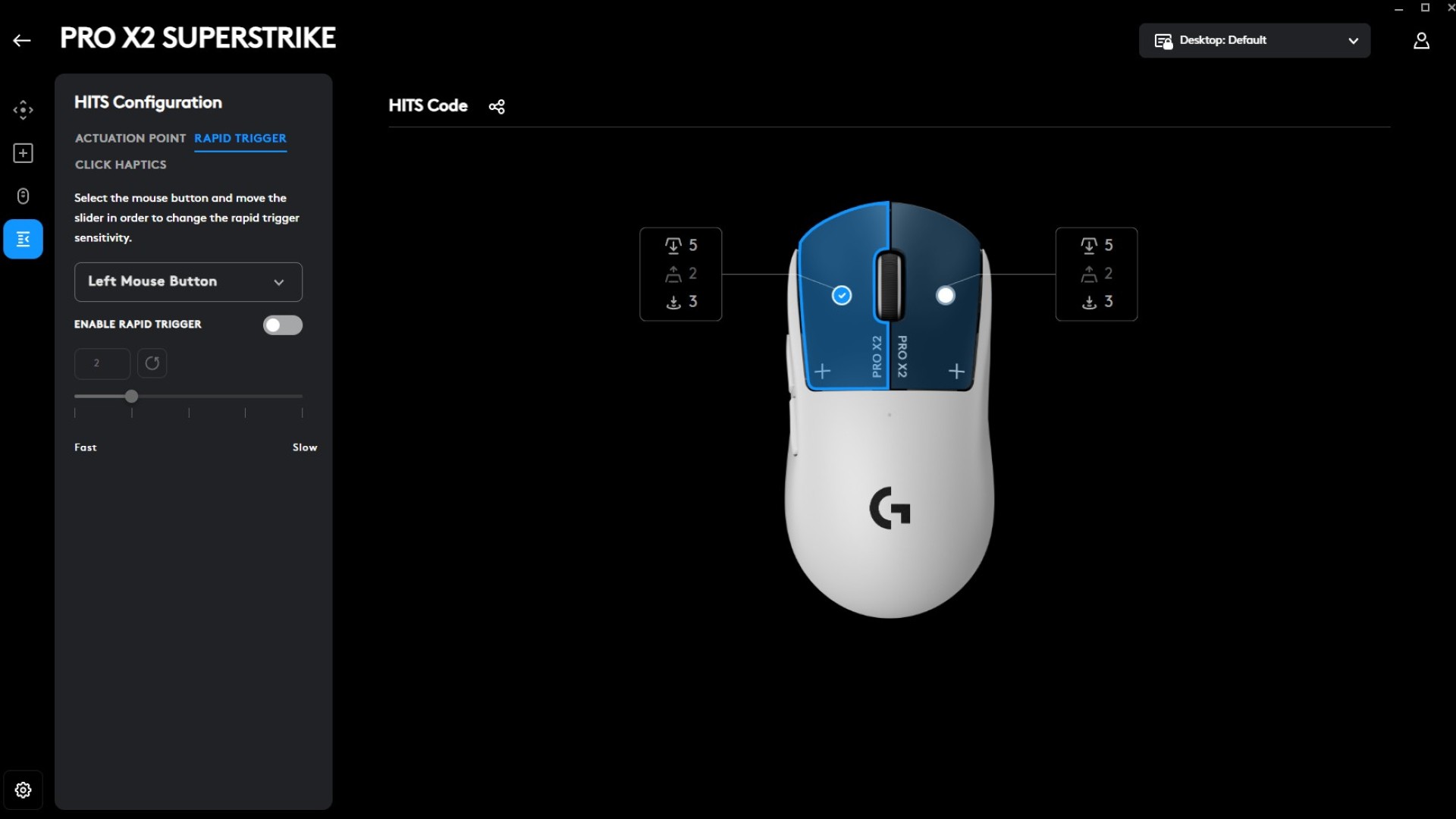 Logitech G Pro X2 Superstrike in G Hub software with rapid trigger settings being configured
