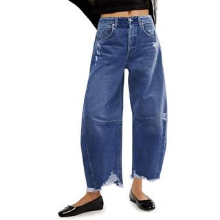 Cicy Bell Women's Baggy Wide Leg Jeans Barrel Horseshoe Boyfriend Cropped Raw Hem Denim Pants