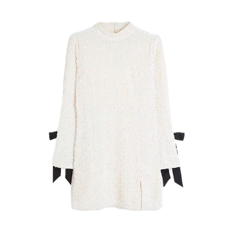 River Island, White Sequin Long Sleeve Bow Mini Dress