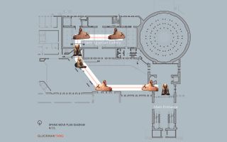 A diagram shows the route that the sphinx traveled in its move to the Penn Museum's main entrance hall.