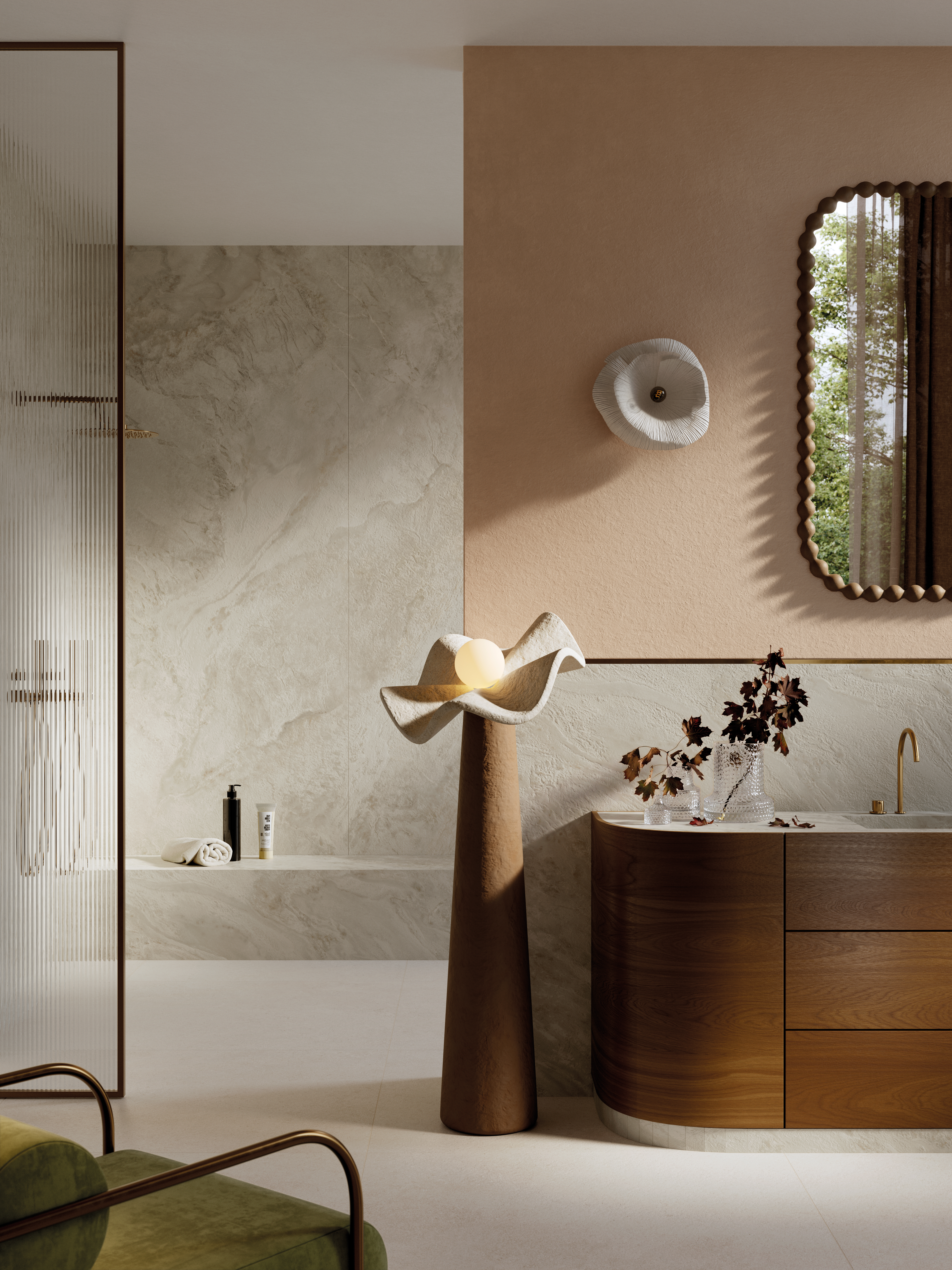 A neutrally tinted interior with a floral-inspired pendant lamp in paper, an abstract pale blue artwork, a round glossy vase filled with flowers, textile-clad brown walls, and a white ceramic sconce.