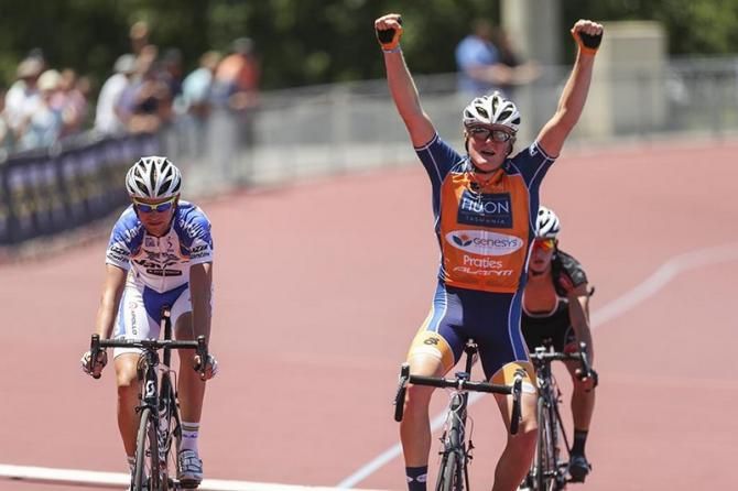 Winner! Aaron Donnelly (Huon-Genesys) outsprints Calvin Watson (Jayco-VIS) for Stage 1 victory at the Jayco Herald Sun Tour