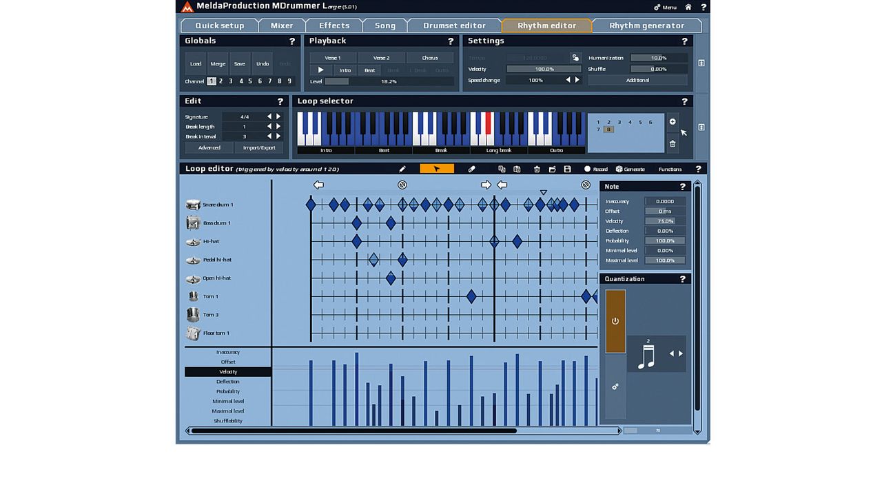 The Rhythm Editor page is MDrummer 5's hub for loop loading, editing and tweaking