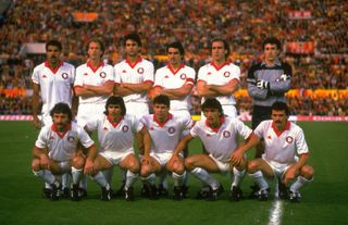 Roma players line up ahead of the 1984 European Cup final against Liverpool at the Stadio Olimpico.