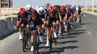 Adam Yates of The United Kingdom and Team INEOS Grenadiers & Tosh Van Der Sande of Belgium and Team Lotto Soudal riding in echelons formation due crosswind during the 3rd UAE Tour 2021, Stage 7