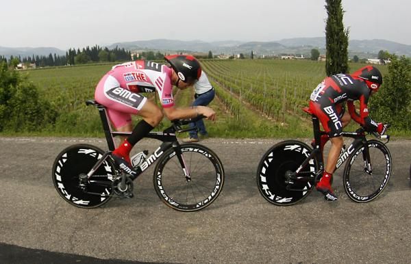 Maglia Rosa Taylor Phinney sits in the BMC train