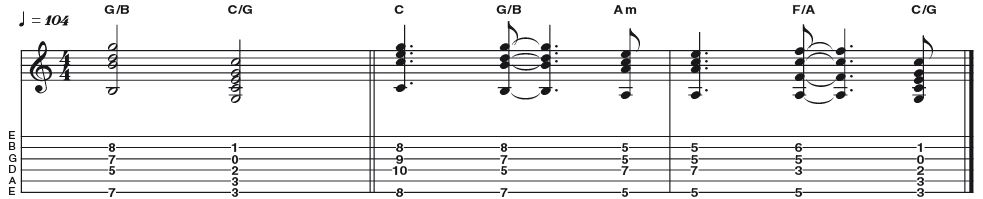 Example 4: Voice Leading With Inversions - By being selective in our choice of triad inversion, it is possible to create logical movement between chords. This idea follows the progression C, G, Am, F, C, but maintains smooth step-wise low note descent, by using root position (R 3 5), first inversion (3 5 R) and second inversion (5 R 3).