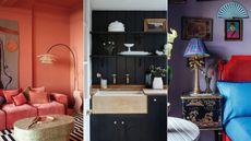 terracotta living room, black kitchen sink area, purple bedroom with red headboard