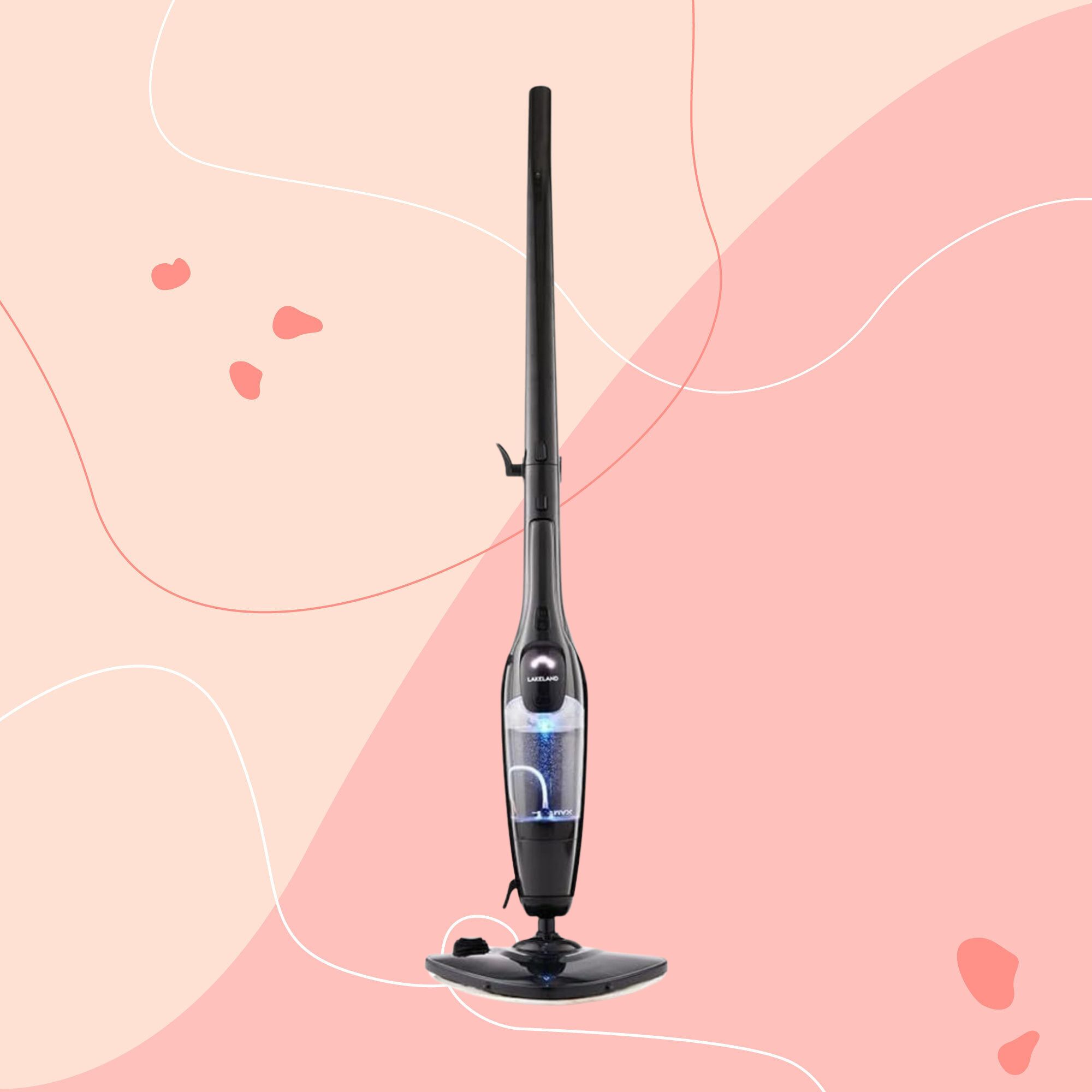 Lakeland 2-in-1 steam mop on a pink background