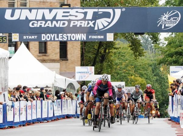 A CCB Racing team rider leads the pack to try to chase down a member of Team Cykelcity who's taken off.