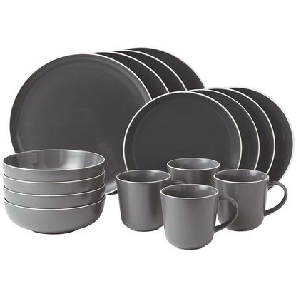 Gordon Ramsay Bread Street 16 Piece Set in grey, with 4 large plates, 4 small plates, 4 bowls and 4 mugs