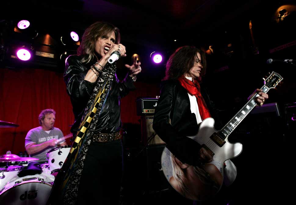 Aerosmith onstage at the Hard Rock Cafe, London