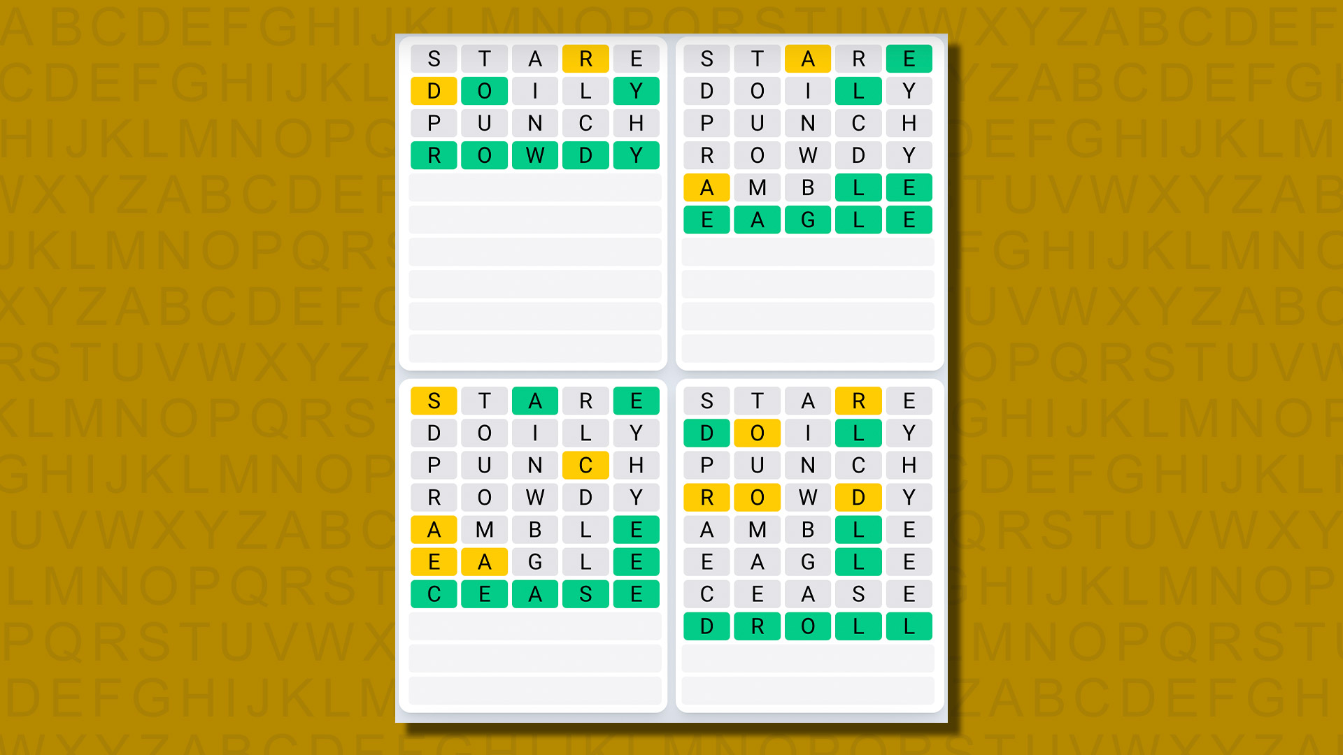 Quordle daily sequence answers for game 619 on a yellow background