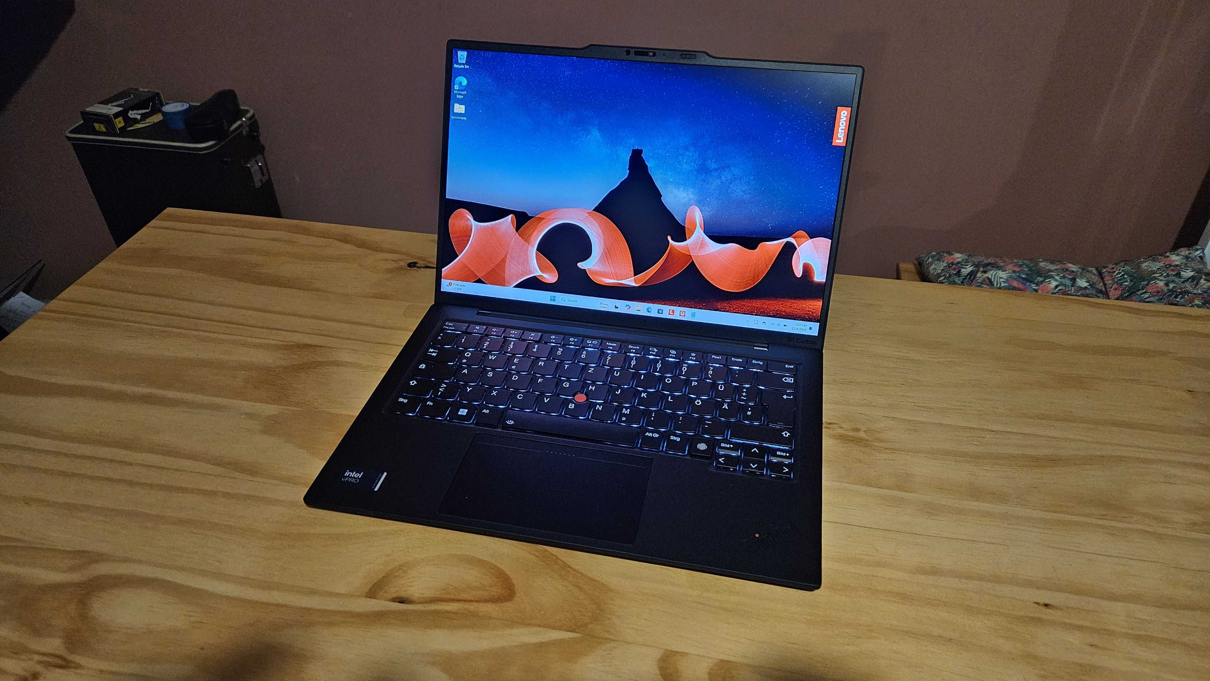 The Lenovo ThinkPad X1 Carbon Gen 12 on a desk