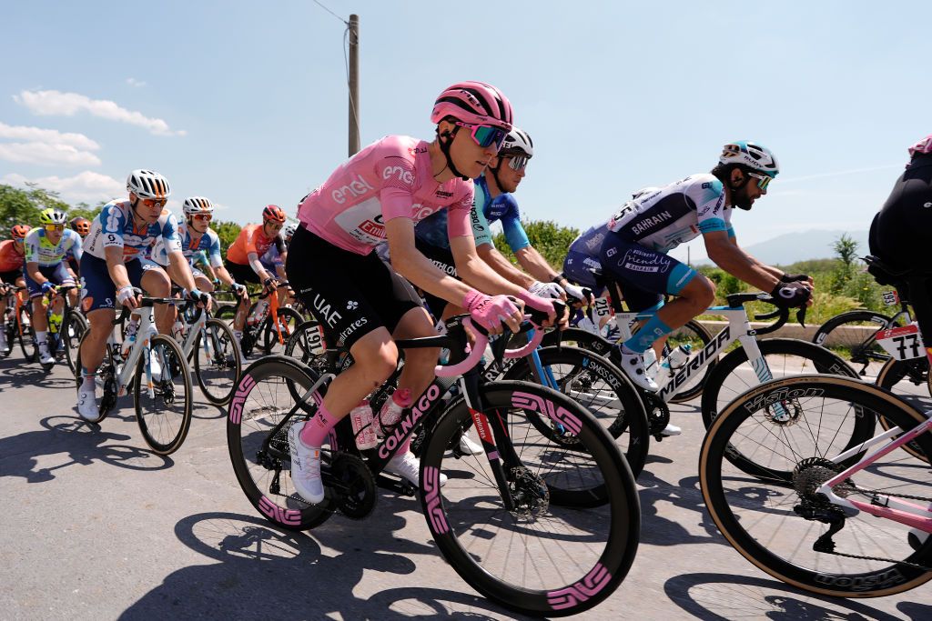 BOCCA DELLA SELVA ITALY MAY 14 Tadej Pogacar of Slovenia and UAE Team Emirates Pink Leader Jersey competes during the 107th Giro dItalia 2024 Stage 10 a 142km stage from Pompei to Cusano Mutri Bocca della Selva 1389m UCIWT on May 14 2024 in Bocca della Selva Italy Photo by Fabio Ferrari PoolGetty Images