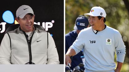 Rory McIlroy and Tom Kim pictured in a 50/50 montage image