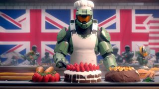 Bing AI image of Master Chief on Great British Bake Off.