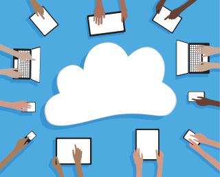 Illustration of hands using many devices and cloud