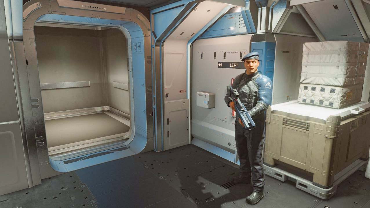 Старфилд: Солдат рядом с лифтом на борту UC Vigilance.