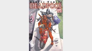 Deadpool rides a motorbike.