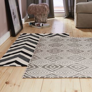 woven rugs with jacquard patterns and colour block print