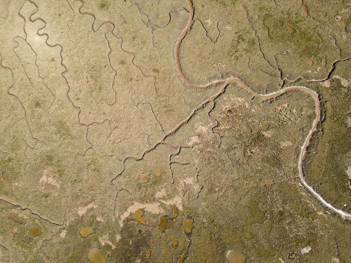 An aerial photo of some mud flats