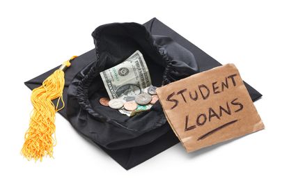 Graduation Cap with Moeny and Student Loan Sign Isolated on White Background.