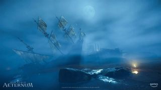 Amazon New World Aeternum; a ship wrecked on rocks at night