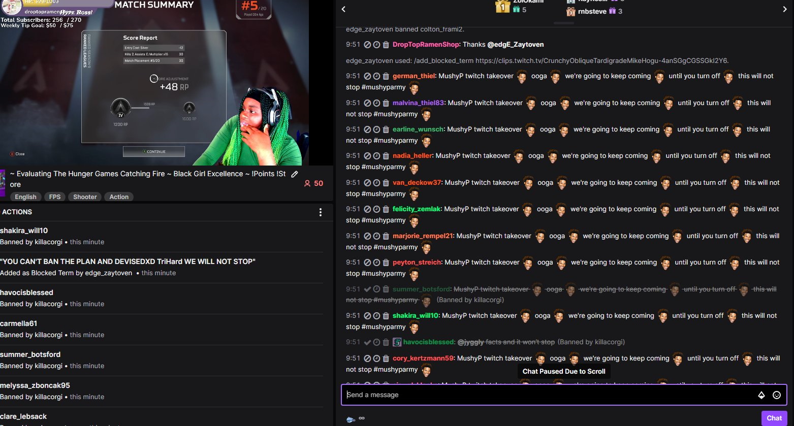 Screenshot of a hate raid in Twitch