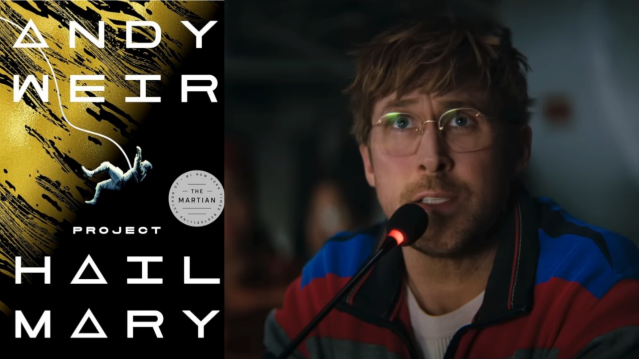 Project Hail Mary book and still of Ryan Gosling in 2026 movie