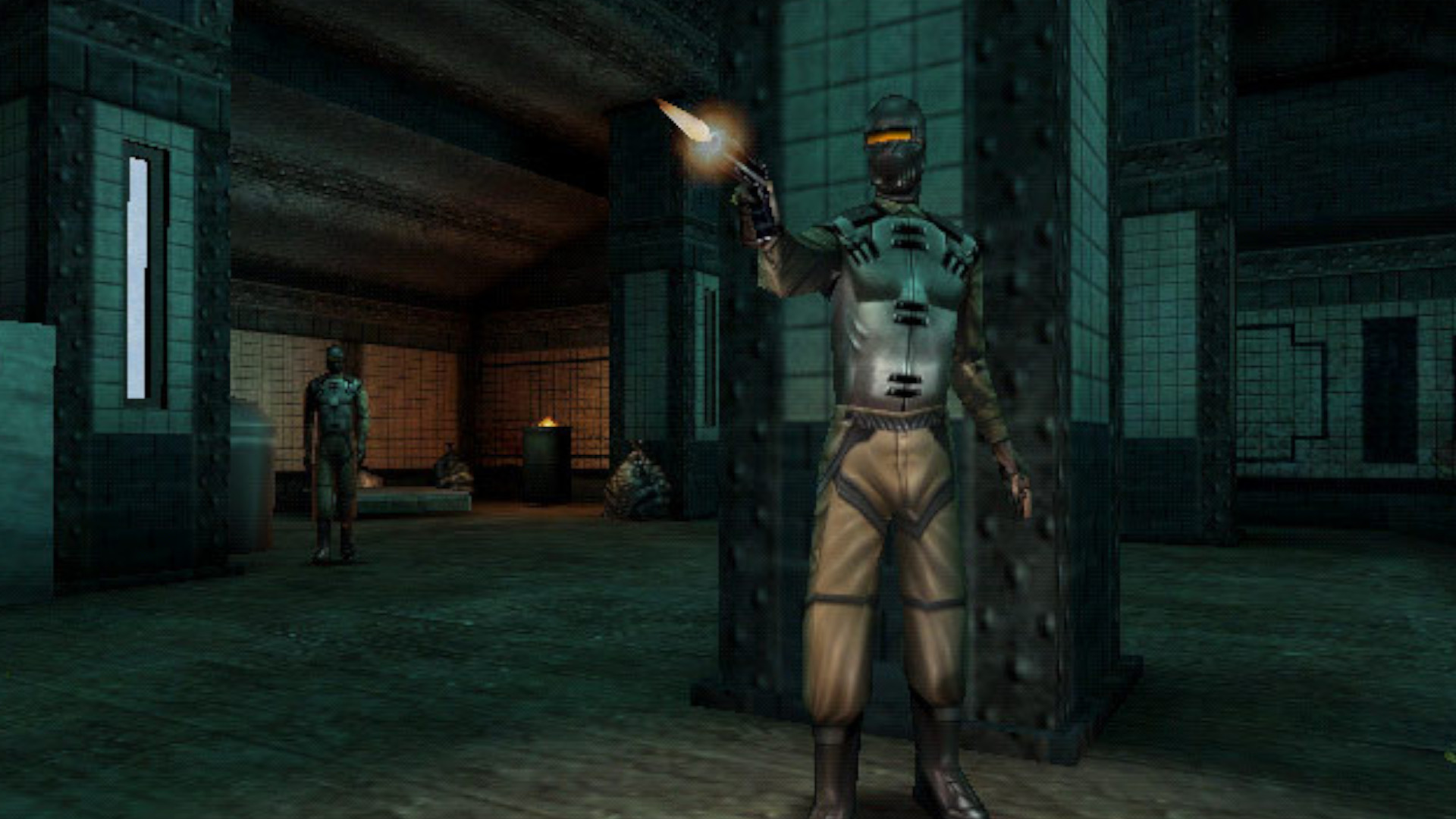 A soldier shooting a gun in a dark open room during the RPG Deus Ex