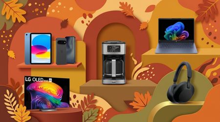 Assorted tech products on a seasonal Fall themed background