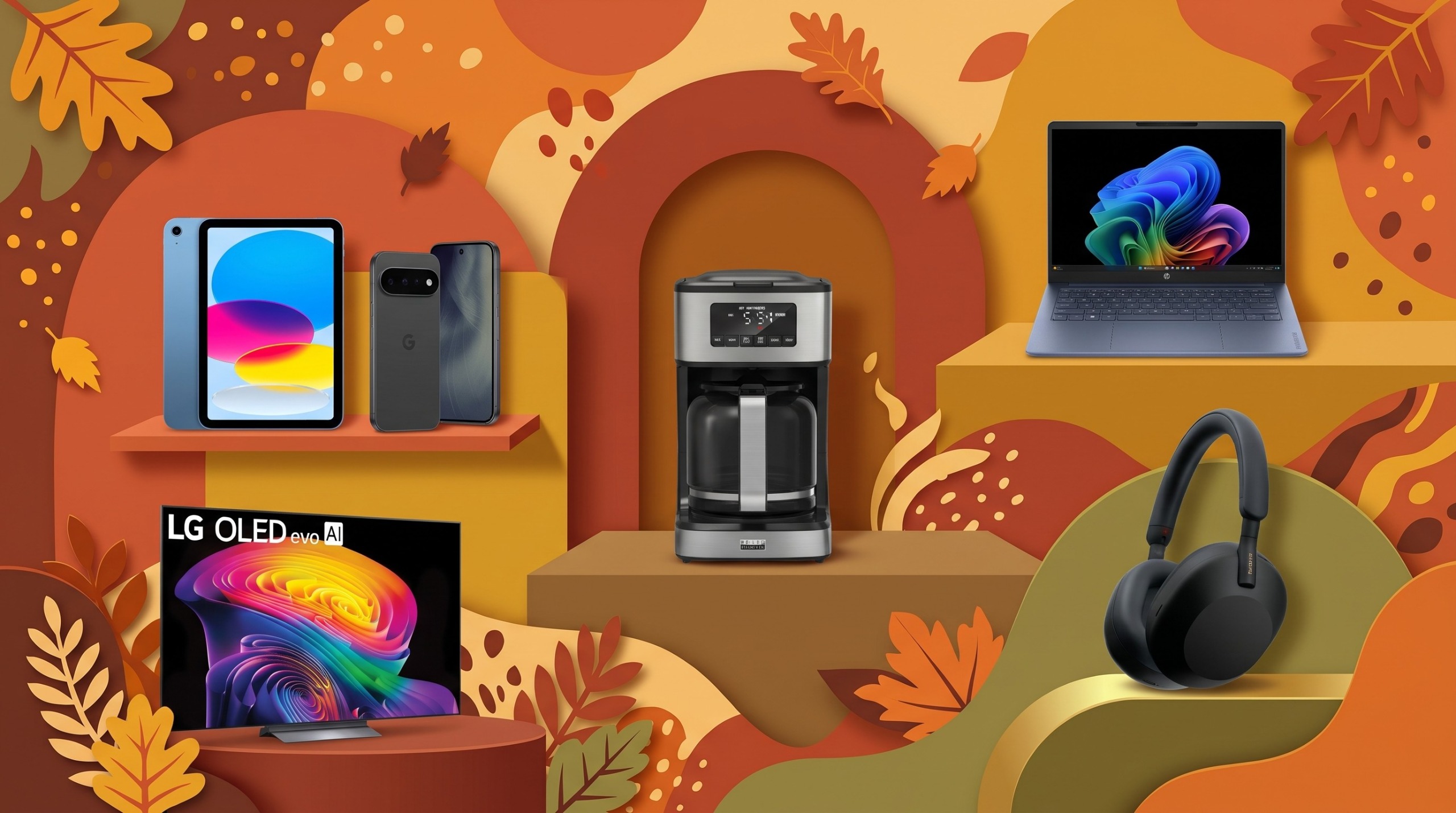 Assorted tech products on a seasonal Fall themed background