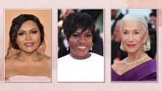 Collage of three framed images showing Mindy Kaling, Viola Davis and Helen Mirren, on a pink watercolour-style background