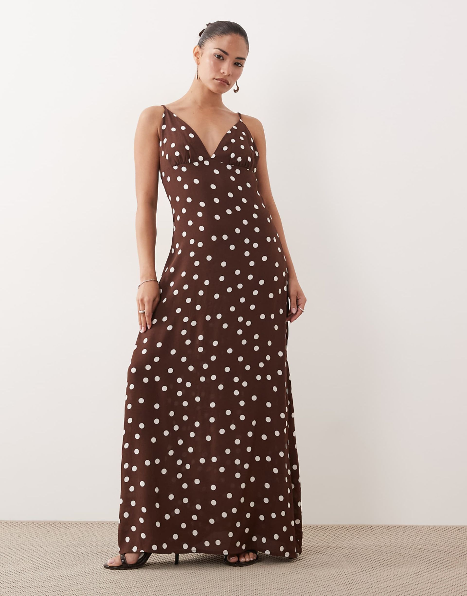 Vero Moda Petite Cami Maxi Dress With Scarf Neck Detail in Chocolate Polka Dot Print
