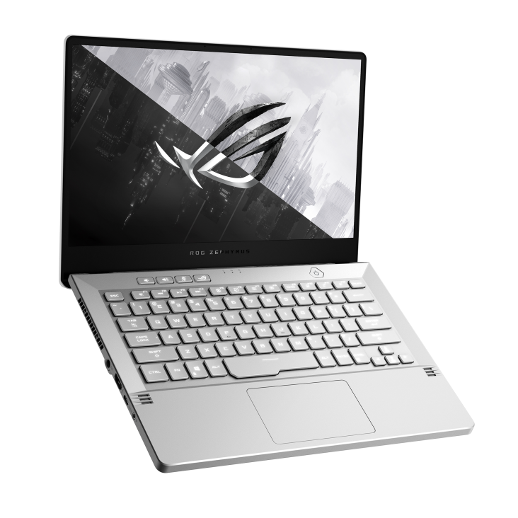 ASUS ROG Zephyrus gaming laptop in silver, open at an angle showing illuminated keyboard and display with ROG logo on screen