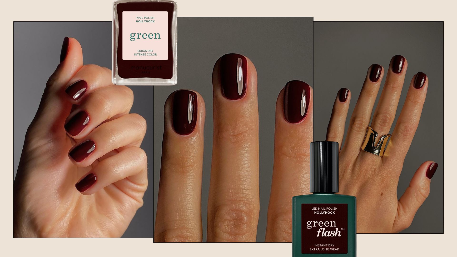 A collage of @matejanova&#039;s hands painted with Manucurist nail polish in the shade Hollyhock