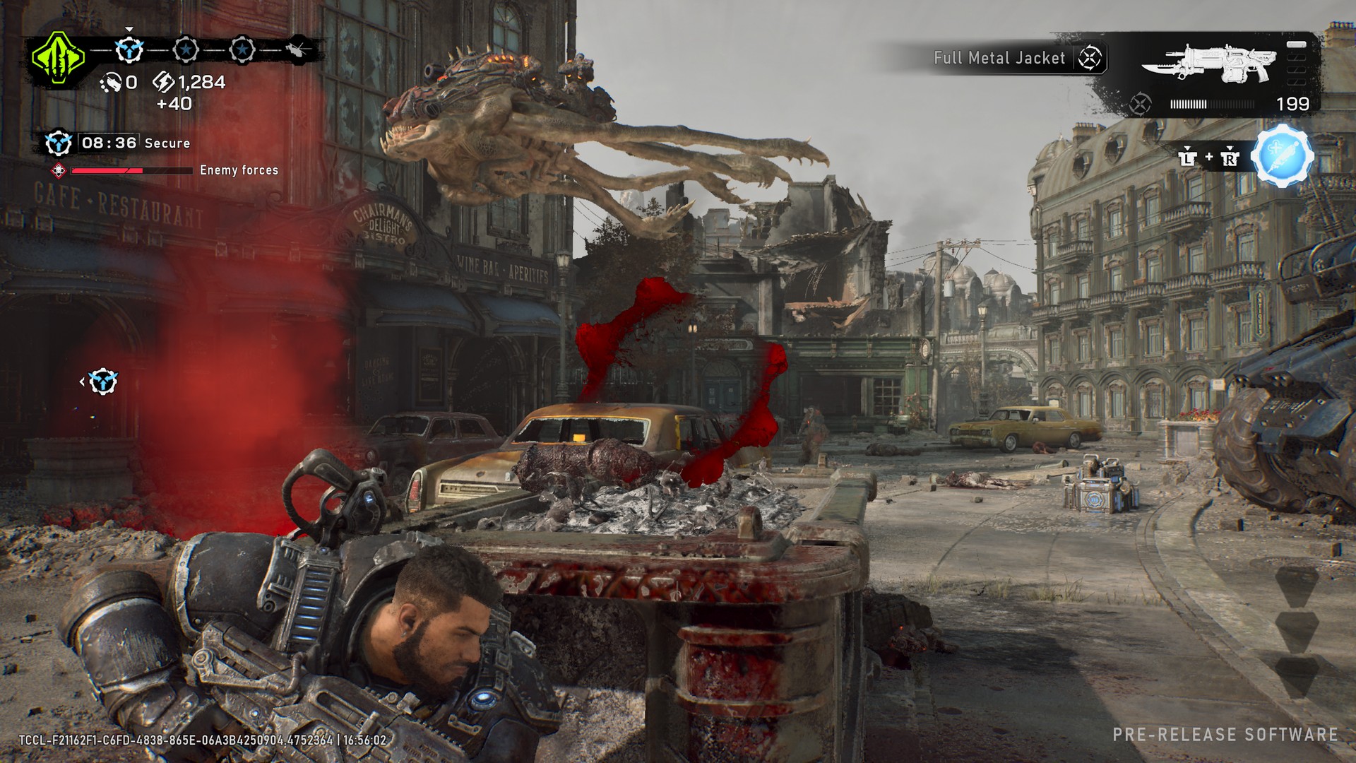 Dom in Gears of War: E-Day's Horde Siege mode takes cover as locusts fly overhead