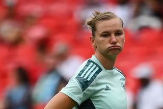 Germany's striker Alexandra Popp reacts prior to the UEFA Women's Euro 2022 final football match between England and Germany at the Wembley stadium, in London, on July 31, 2022. - No use as moving pictures or quasi-video streaming. Photos must therefore be posted with an interval of at least 20 seconds.