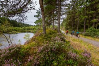A family riding a gravel track beside a loch in a scenic scottish forest
