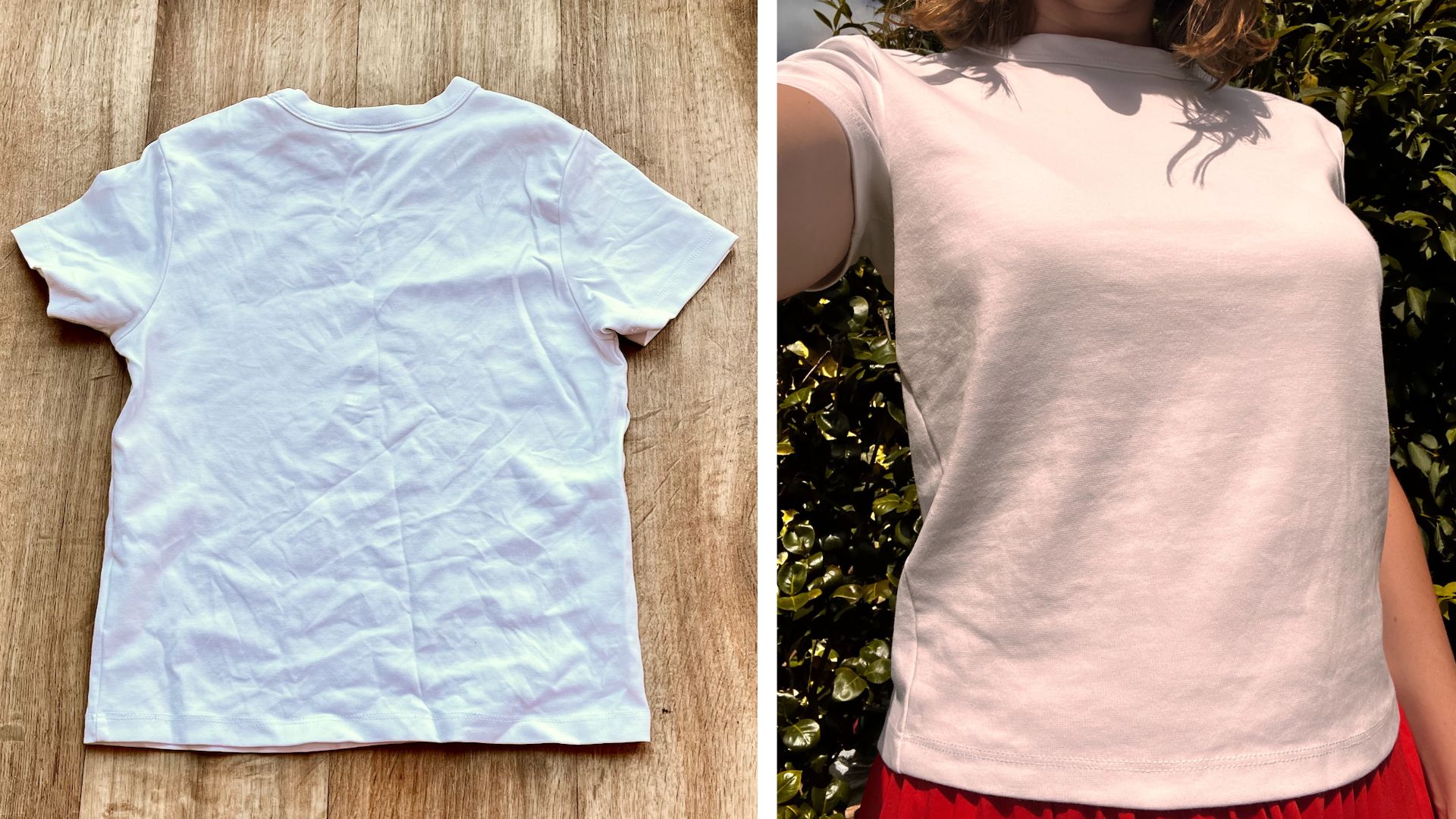 A white t-shirt before and after being sprayed with crease release spray