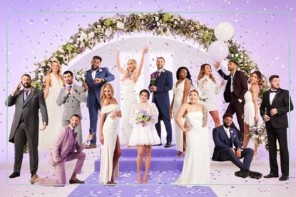 The cast of MAFS UK 2023 posing under a wedding arch