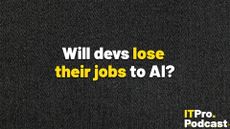 The text "Will devs lose their jobs to AI?" against white noise on a black background. The words "lose their jobs" are in yellow, the rest are in white. In the bottom-right corner, the ITPro podcast is shown.